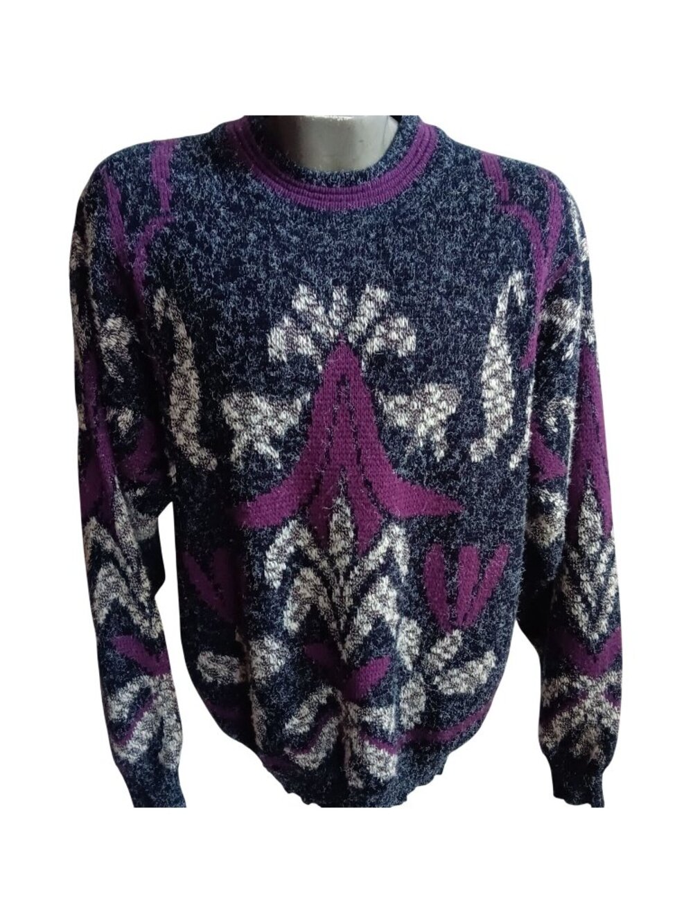 True Vintage Ugly Sweater XL 1980's Zeppelin Wild Purple Abstract AOP Korea XL